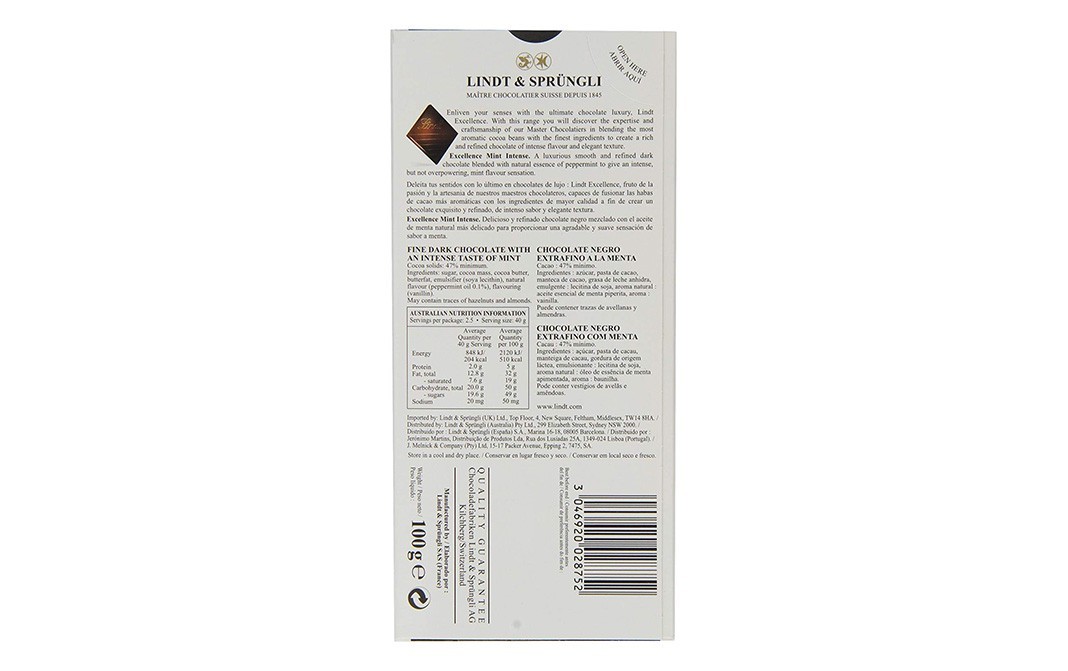 Lindt Excellence Mint Intense Dark Chocolate   Box  100 grams